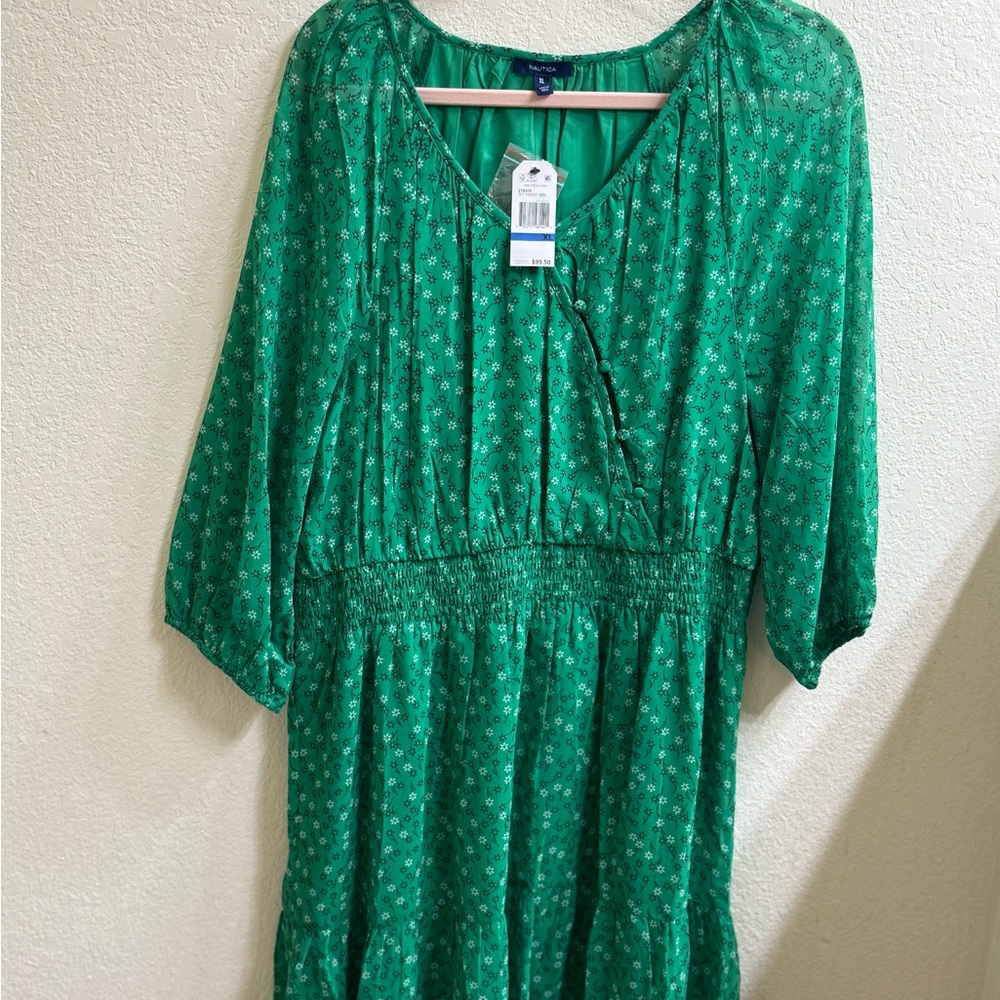 Nautica Green w/ Navy & White flower print Long Sleeve XL- Dress NWT